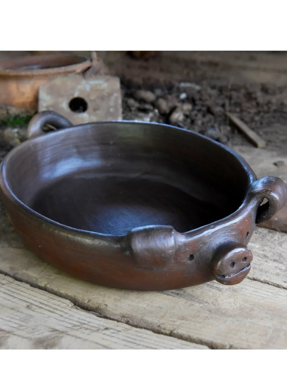 Vtg. Chilean Pomaireware Brown Clay Pig Shaped Baking Dish.Rustic Home Dining